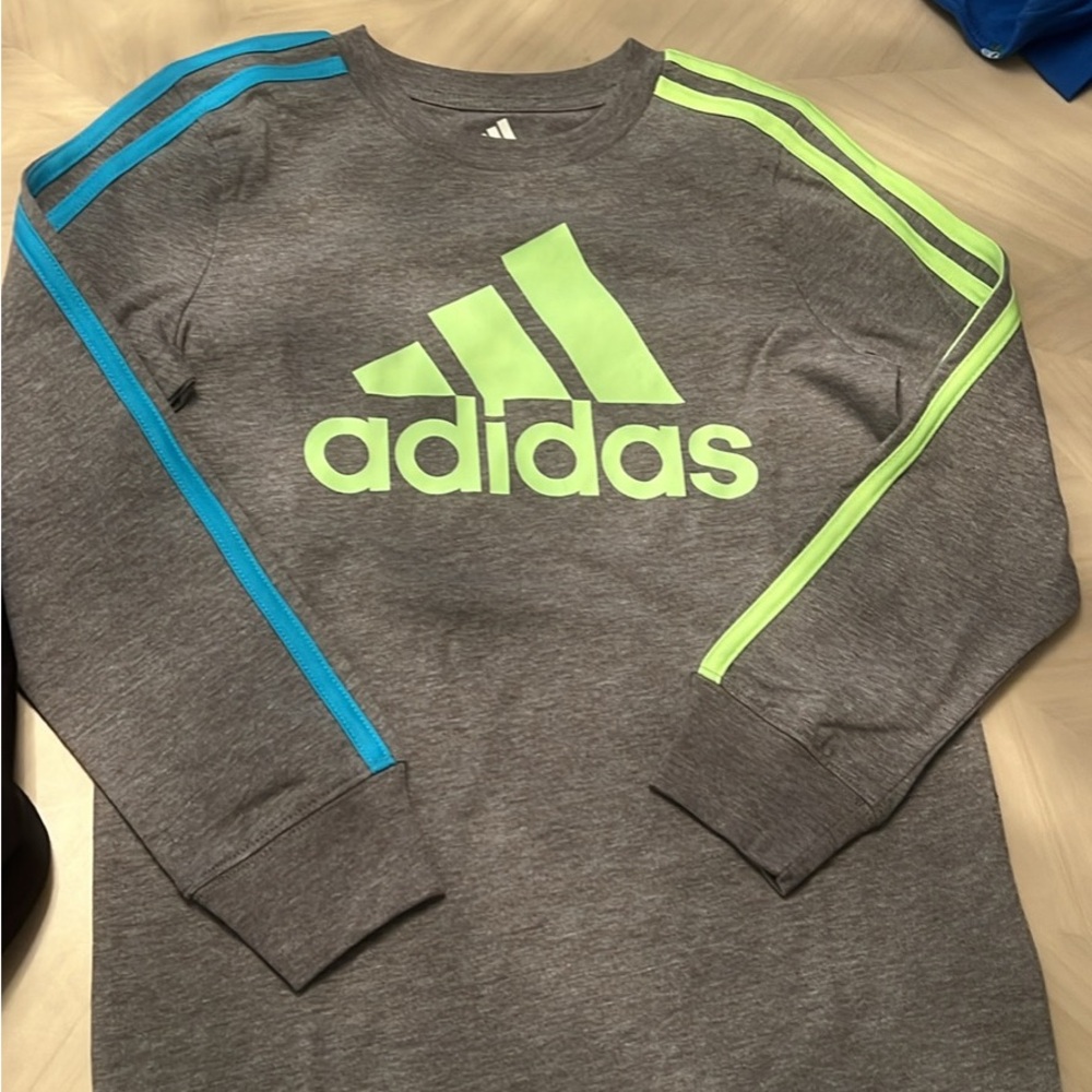 Adidas Kids Gray Long Sleeve with Green and Blue Stripes